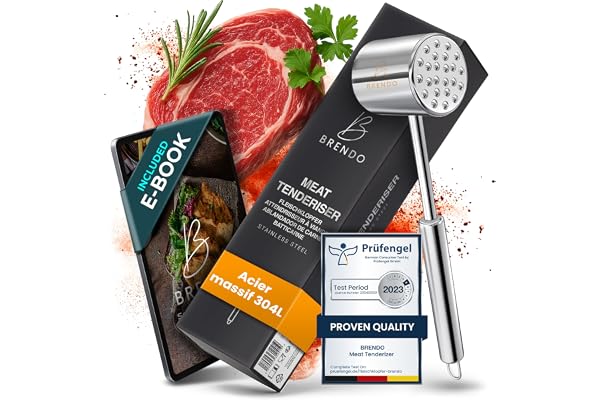 Brendo Attendrisseur de Viande Premium en Acier Inoxydable Massif I Double Face avec Surface de Frappe Plate & Dentelée I + Livre de Recettes Numérique I Passe au Lave-Vaisselle I Marteau à Escalope