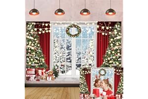 RUYI Winter Christmas Window Backdrop for Photography Snow Xmas Tree Garland Holiday Background Photo Booth Portrait Family Holiday Party Decoration Banner Photo Studio Props Supplies 8x6ft