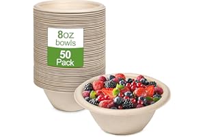 GREENESAGE 50 Stück Pappschalen Einweg Suppenschalen 230ML aus Zuckerrohr Einweggeschirr Schalen Einmal Einwegsuppenschale Bio Suppenschüssel Rund Braun Kompostierbares