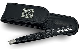 Wolf & Griffin Black Edition Ultimate Precision Tweezers with Case | Stainless Steel with Black Coating | Professional Slant Eyebrow Tweezers for Men and Women (Black)