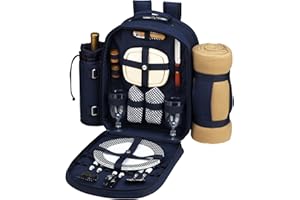PICNIC AT ASCOT Picknick at Ascot Deluxe Picknick-Rucksack für 4 Personen mit Kühler 2 Person Marineblau/Weiß mit Gingham-Muster