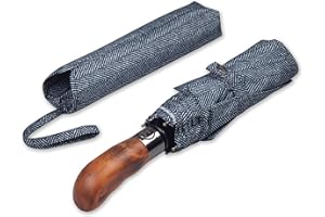 Balios Travel Umbrella Handmade Real Wood Handle Auto Open & Close Windproof Strong Fiberglass Multi Folding Premium 300 Thread Finest Fabric (Designed in Britain)