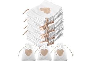 LUNEKUCK 30PCS Sachets en Toile de Jute 10x14cm Pochettes Jute en Motif de Coeur Lot de Petit Sac avec Cordon Continir Bonbons Bijoux Boite Cadeau Dragees pour Mariage Baptême Anniversaire Noël