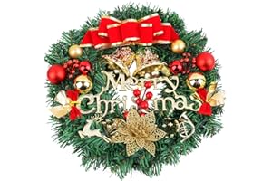 LATERN 30CM Corona Navideña, Guirnalda Navideña Artificial para Puerta Corona Navideña de Pino con Lazo Campana Ciervo Frutos Rojos Flor para Puerta Pared Chimenea Ventana Navidad Árbol Decoración