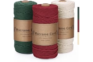 PUWOWYE 3 Stück Makramee Garn 3mm, Makramee Garn Set Rot Grün Beige, Makramee Baumwollgarn 3mm Natur für Weihnachten Basteln Stricken Boho Deko DIY Handwerk Weihnachtstag, 3x100M