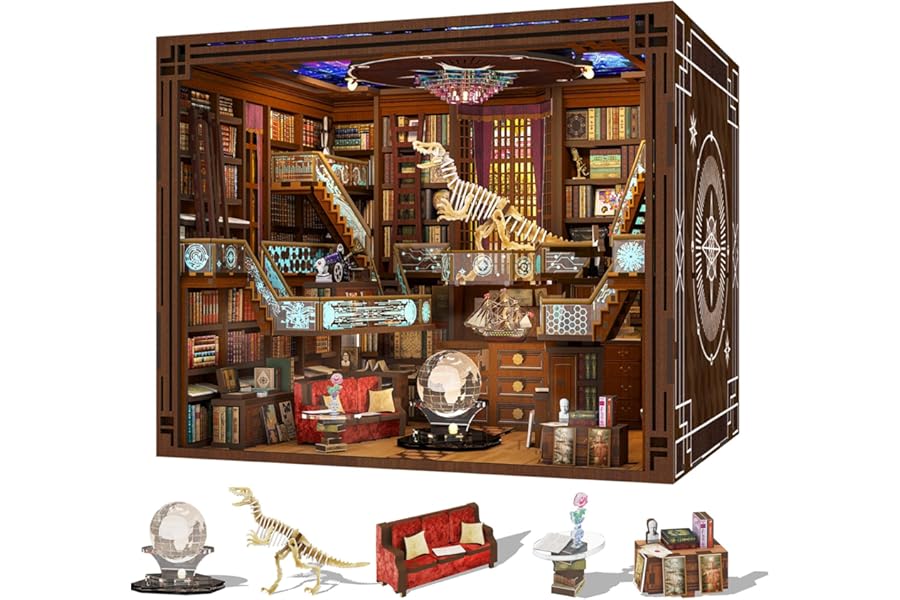 Minicity Book Nook Kit, DIY Miniature Dollhouse Booknook Kit, 3D Wooden Puzzle Bookend Bookshelf Insert Decor with LED Light for Teens and Adults(Beyond Library Max)