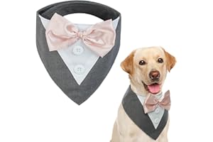 Kuoser Dog Tuxedo, Formal Wedding Bandana Collar with Bow Tie, Birthday Costume, Adjustable Party Attire for Small Medium Large Pets, Grey