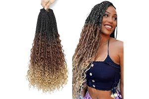 FIRSTCYH HAIR Boho Box Braids Crochet Hair with Curly Hair Pre Loop Long Black Messy Goddess Box Braids Extensions de cheveux pour femmes noires (45.72 cm (Lot de 8), 1B/30/27#)