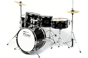 Fame Schlagzeug, 5-teiliges Set mit Becken und Hardware, schwarze Spannreifen, verchromte Spannschrauben, einstellbare Sitzhöhe - Piano Black, ideal für Einsteiger