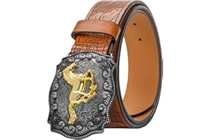 KorhLeoh Western Leather Cowboy Buckle Belt for Men Women Jeans Engraved Floral Longhorn Bull Texas Buckle Belt (33-41" waist)