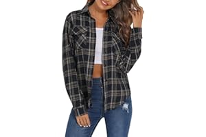 Enjoyoself 100% Cotone Donna Camicia a Quadri Flanella Blusa Casual Manica Lunga Capo Classico Shirts Tops