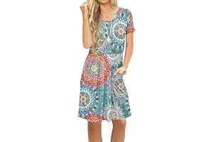 AUSELILY Damska plisowana luźna luźna sukienka z krótkim rękawem i kieszeniami do kolan