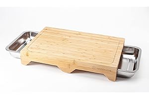 Hanseküche Planche à découper avec 3 bacs de récupération – Planche à découper en bambou de haute qualité avec rigole et bacs de récupération en acier inoxydable – Planche à découper robuste en bois