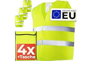 Prowiste 4 Warnwesten Auto Set mit Tasche – Europaweit gültig Geprüfte EN ISO 20471 Stark Reflektierende Warnweste – Sicherheitsweste Gelb Warnschutzweste