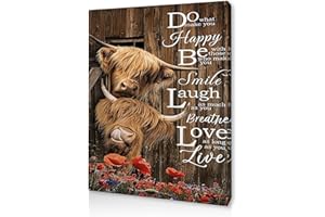 Qiukoo Wall Art – Highland Cow Canvas Print with Inspirational Quote, Rustic Farmhouse Wall Decor for Bedroom, Living Room, Hallway or Stairs, with Pre-Mounted Frame and Hooks, 12" x 16"