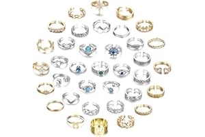 JeryWe 36 Pezzi di Anelli da Punta Aperti per Le Donne Ragazze Anello Regolabile Dito Anello congiunto Vintage retrò nocche Anelli da Punta Estate Spiaggia Piede Gioielli Oro + Argento Colori