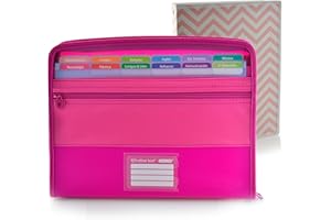 Office Box - Pack Vuelta al Cole: Carpeta Clasificadora VISION 12 Divisiones y estuche frontal + 80 Adhesivos Cierre de Cremallera + Carpeta 4 Anillas 40 mm -Colorline (Fucsia + Carpeta Anillas)