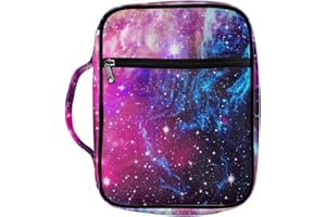 ZIATUBLES Polyester Galaxy Purple Print Bible Covers for Women Girls Standard Size Bible Cover with Handle Zippered Pockets and Pen Slots Multi-Functional Bible Case Bible Bag