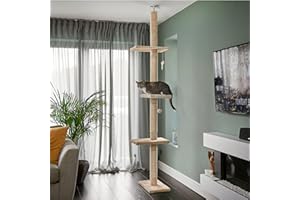 Runesol Beżowe drzewko dla kotów, od podłogi do sufitu, łatwe w montażu, wieża, o regulowanej wysokości, 245–288 cm, drapak, wysokie platformy, rama wspinaczkowa, dla kociąt, kotek