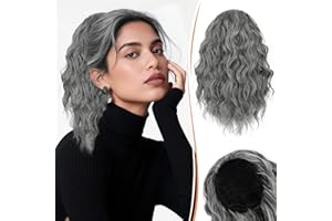 RUWISS Ponytail Extension - 14" Wavy Curly Drawstring Ponytail Hair Extensions Short Pony Tail Hair Piece Synthetic Hairpieces for Women (Black Mix Gray and Platinum Blonde Tips)