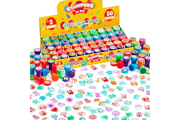JOYIN Lot de 50 tampons assortis pour enfants – Tampons auto-encreurs avec 50 motifs différents pour fête d'anniversaire, prix de carnaval, école, sac à friandises, Halloween