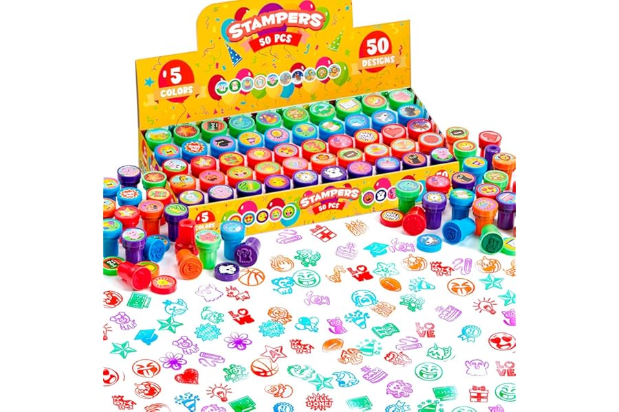 JOYIN 50 Pcs Assorted Stamps for Kids - Self-Ink Stamps with 50 Designs for Birthday Party Favor, Carnival Prizes, School Stampers, Goodie Bag, Halloween, Christmas (Zoo, Holiday Stampers)