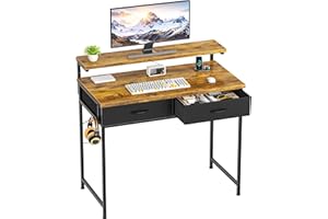 HOMIDEC Computer Desk with 2 Storage Drawers, Gaming Desk with Adjustable Monitor Stand and Headphone Hook, Home Table, Office Desk, Modern Style, for Workers, Gamers and Students, Vintage, 80cm