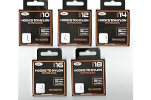 NEXT GENERATION TACKLE x50 NGT Barbless Hooks to Nylon in Size 10, 12, 14, 16 and 18 TEN Hooks of EACH Size (Fifty Hooks in total)