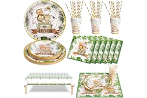 Nkaiso 126 Pezzi Animali della Giungla Stoviglie per Feste Festa Decorazioni Set Include Piatti di Carta Tovaglioli Tazze di Carta Cannucce Tovaglia per Compleanno Bambini Matrimonio -25 Ospiti