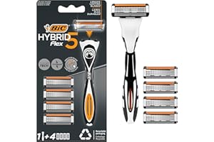 BIC Hybrid 5 Flex - Rasoir Rechargeable pour Homme, 1 Manche Durable + 4 Recharges de 5 Lames pour un Rasage Précis et Confortable