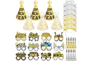 DPKOW 36 x Brillantinata Gadget Capodanno 2026, Cerchietti Capodanno Cappellini Occhiali Capodanno Trombette per Accessori Capodanno 2026 Kit Cotillon Brillantinata Nero Oro Argento Bianco