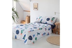 COTTON ARTean Juego de sábanas infantil ROCKET 90x190/200. Poliéster-algodón. 3 piezas: Encimera, 1 Funda de Almohada, Bajera Ajustable