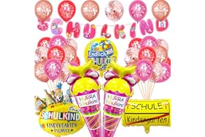 Ligtmor Schulkind 2024 Mädchen, Einschulung Deko, SCHULKIND Rosa Banner + Folienballon Schultüte Mädchen + 28 Luftballon Deko Einschulung Mädchen, Schulanfang Deko