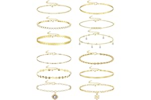 CASSIECA 12pcs Bracelets de Cheville en Or pour Femme Plaqué Or 14k Chaîne de Corde en Argent Mauvais Œil Tennis Cristal Zircone Faux Diamant Strass Cheville Dainty Layered Cheville Ensemble