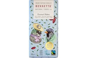 BENNETTO Coconut Flakes Dark organic chocolate loaded with toasted coconut flakes. 60% cocoa. Certified organic, Fairtrade, and net climate positive. Beautiful gifts for everyone.