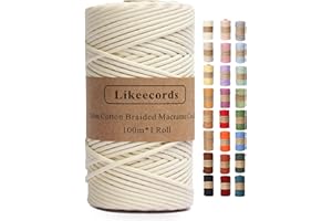 Likeecords Makramee Garn Geflochten 3mm x 100m,100% Natürliches Baumwollschnur Makramee-Schnur, Makramee-Seil, Bunte Bastelkordel aus Baumwolle für Taschen, Wandbehänge, Pflanzenaufhänger (Cremeweiß)