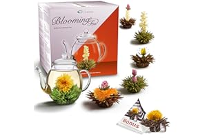 ‎CREANO Creano Zestaw upominkowy z kwiatami herbaty - herbata kwitnąca ze szklanym dzbankiem o pojemności 500 ml i 6 czarnych i białych herbaty + 1 x kula bonusowa Teelini czarna herbata - 8-częściowy