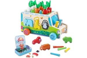 Freekite Montessori Jouets Bois Bébé, Jeu Éducatif Sensoriel Enfant Garçon Fille 1 2 3 4 5 Ans, Chariot de Ferme en Bois, Identification des Animaux, Puzzle Animalier,Anniversaire Noël Cadeau