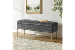 HULALA HOME Contemporary Velvet Storage Bench, Bed End Bench Ottoman with Nailhead Trim, Upholstered Footstool for Entryway Living Room Dining Room, Grey