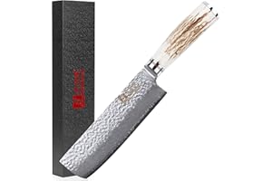 Sunlong Nakiri Knives Couteaux Usuba 6,5 pouces - Poignée en bois de cerf naturel en acier damassé martelé VG10 japonais