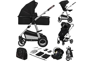 LIONELO Amber Pushchair 3-in-1 Combination Pram Set, Sporty Seat, Fixed Baby Carrycot Car Seat Bag, Mosquito Net, Rain Cover, XXL Roof with Sun Protection