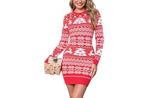Bresdk Vestido Navidad Mujer Punto Vestidos para Navideño Slim Fit con Copos de Nieve y Reno Ugly Christmas Sweater Dresses para Familiares, Fiesta, Oficina S-XXL