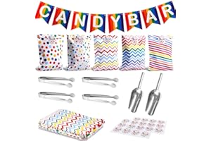 BUYUPOP 62 Stück Candy Bar Zubehör, Enthält 50 Stück Candy Bar Tüten und 5 Sticker, 4 Stück Zuckerzange und 2 Stück Candybar Schaufel und 1 Girlande, für Candy Bar Büfett Grill Hochzeit Party Geburtstag
