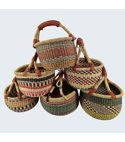 Panier Bolga Ghana 40cm - Rond En Herbe Tressée Main Coloré (Sans Cuir)