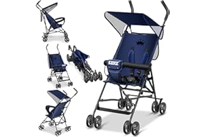 KIDIZ Passeggino pieghevole 360°, ruote 4", con parasole, cintura sicurezza 5 punti da 6 mesi, blu/blu navy