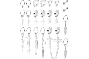 MILACOLATO 21 Unids 316L Pendientes de Aro de Acero Inoxidable para Hombres Mujeres Pendientes de Cadena Colgantes Punk Gótico Kpop Pendientes Hoja Cruz Pendientes Conjunto Unisex