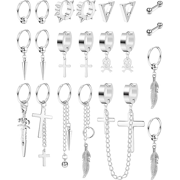 Orecchini A Cerchio Con Ciondoli Croce E Piuma - 2 Paia In Acciaio Inox Titanio - Foto 9