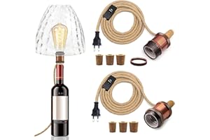 LQUNFYL 2PCS Kit Lampe Bouteille, Douille E27 avec 240CM Corde de Chanvre Câble, Support Lampe Bouteille, 3 Bouchons en Bois, Adaptateur Bouteille de Vin pour Douille de Lampe, Peut DIY Abat Jour, Rose