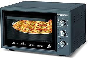 BEHOME Forno Elettrico Ventilato 38 litri con Girarrosto, Autopulente e Smaltato, Temperatura fino a 320° Doppio Vetro con Luce Interna e Timer 2 Teglie e 1 Griglia (Nero)