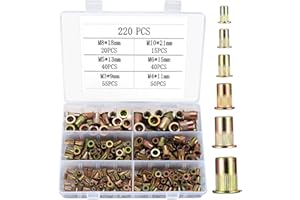 JINZEYOU Rivet Nuts Assortment, 220 Pieces Rivet Nuts Set, M3 M4 M5 M6 M8 M10 Round Flat Head Thread Rivet Nutsert Cap Nuts, Pull Rivet Nut Blind Rivet Nuts for Metal Plates, Pipes etc
